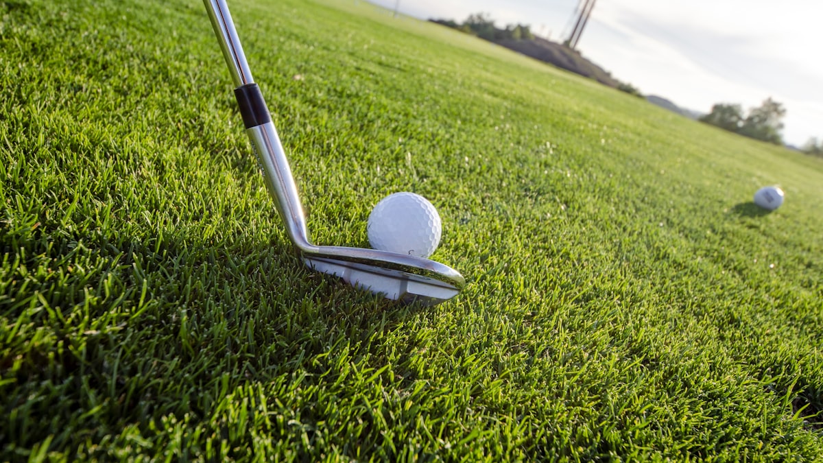 Iron club positioned behind a golf ball on the fairway